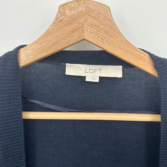 Loft Wool Blend Navy Blue Asymmetrical Cuffed Sleeve Open Cardigan - Picture 7 of 7